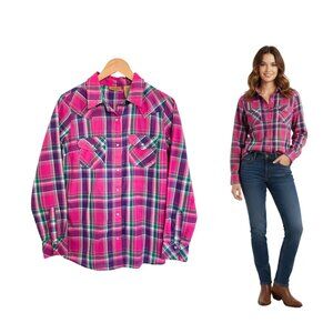 Wrangler Shirt Women Small Pink Green Purple Plaid Western Pearl Snap LW001RA